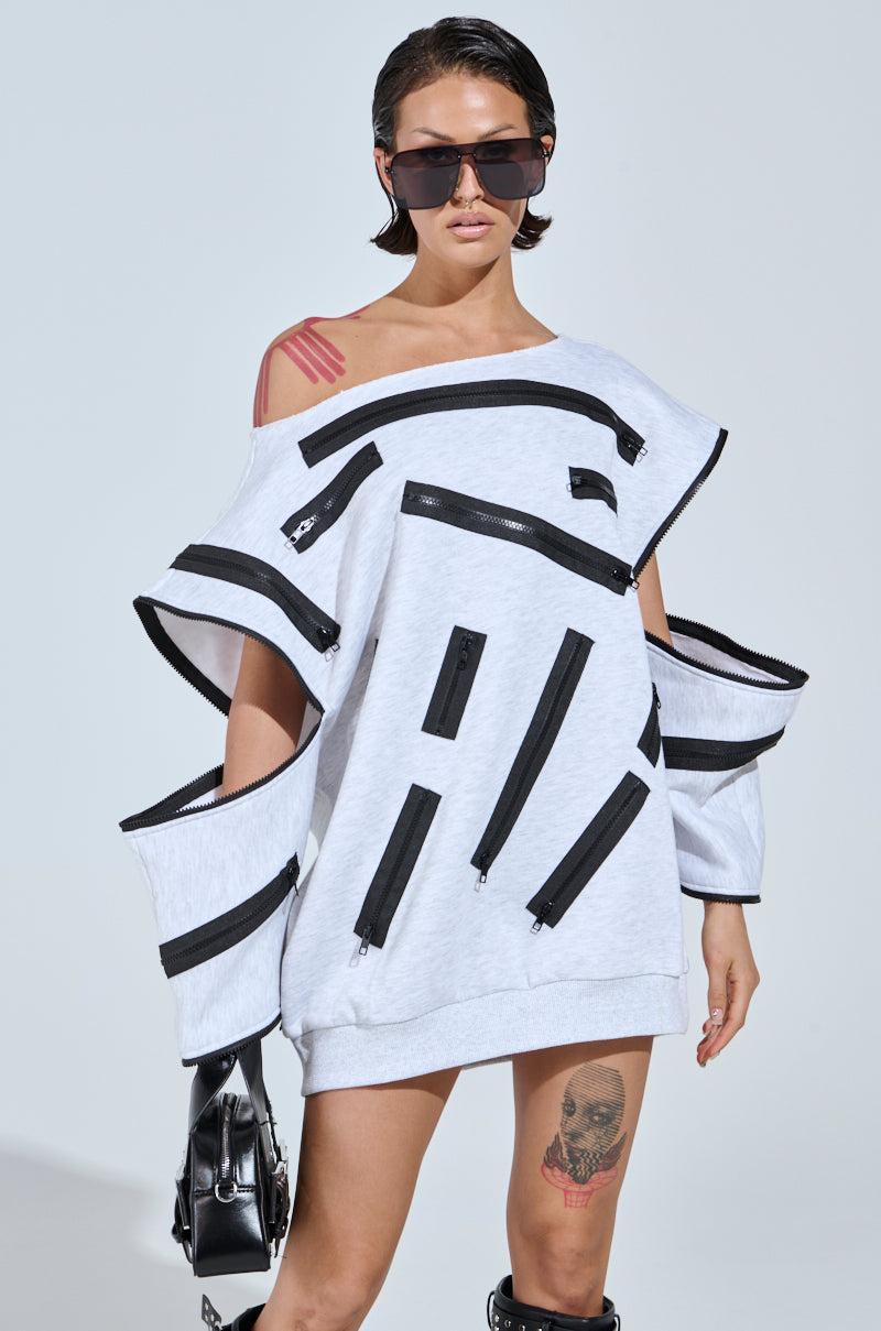 ZIP ZAP OFF THE SHOULDER SWEATSHIRT DRESS-GREY MULTI Product Image
