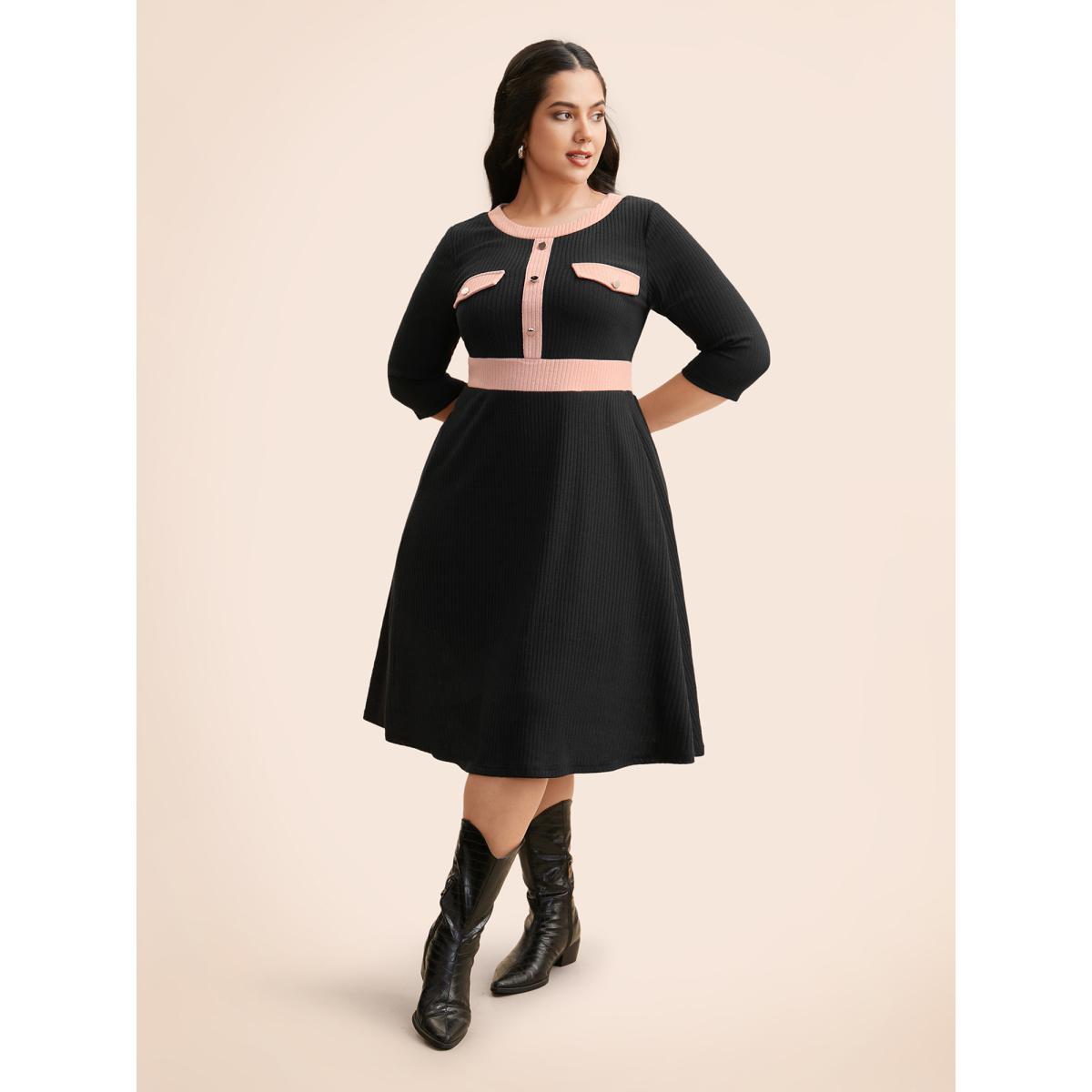 Plus Size Contrast Texture Metal Detail Midi Dress Black Women Elegant Texture Round Neck Elbow-length sleeve Curvy BloomChic 30/6X Product Image