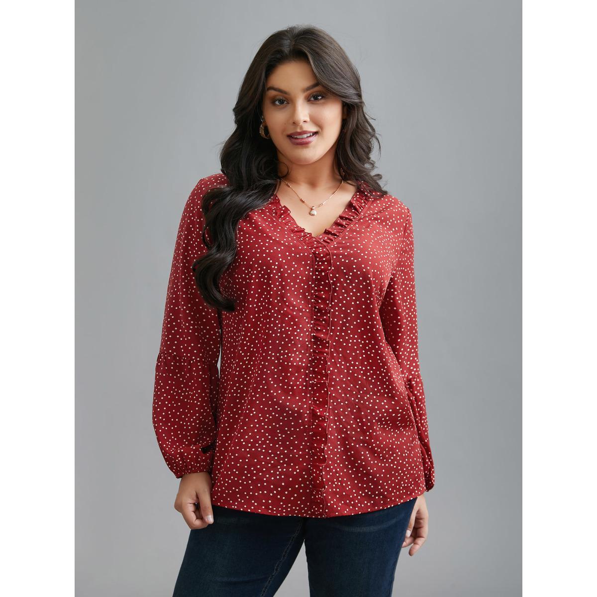 Plus Size Scarlet V-Neck Polka Dot Ruffled Blouse Women Elegant Long Sleeve V-neck Everyday Blouses BloomChic 22-24/3X Product Image