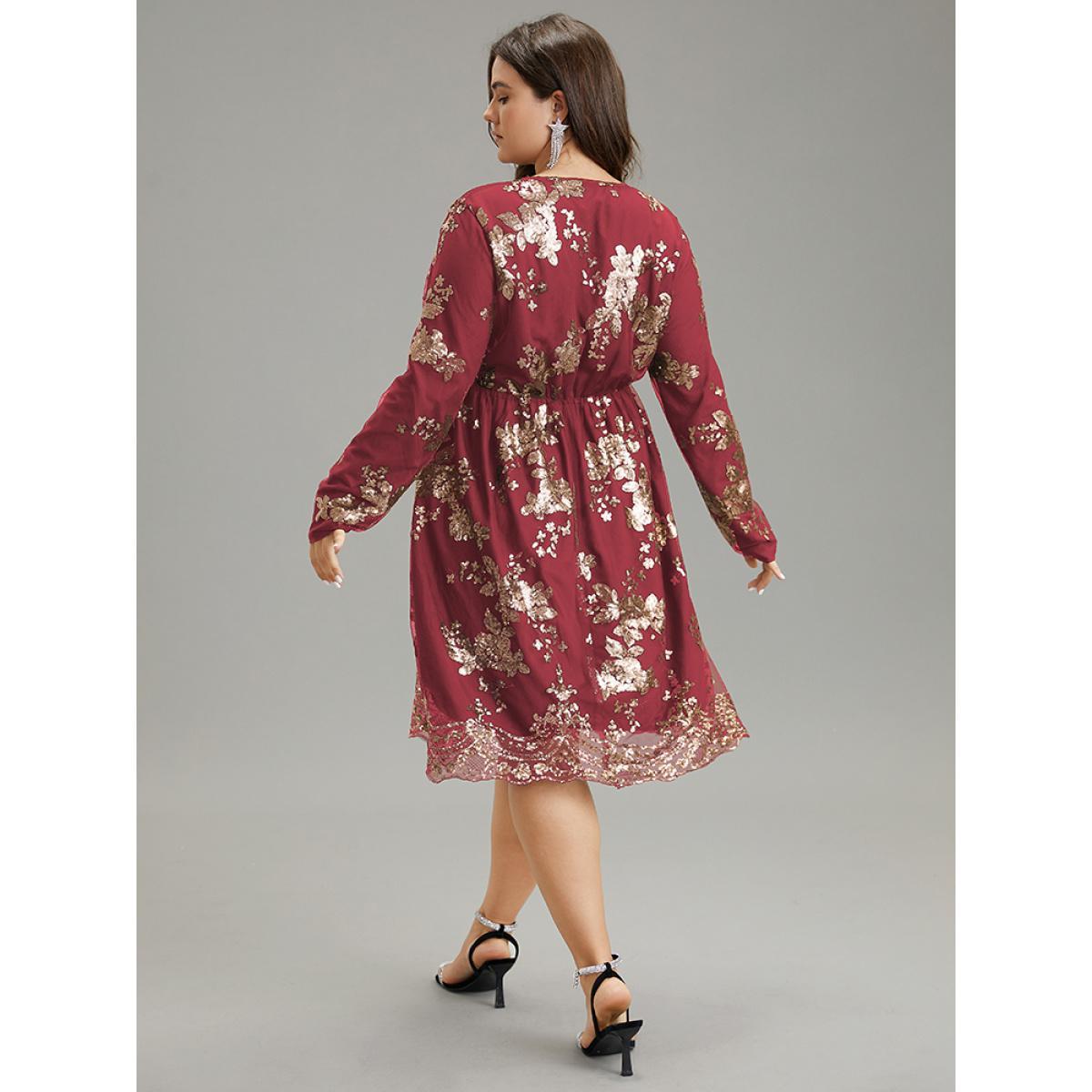 Plus Size Floral Sequin Elastic Waist Mesh Wrap Dress Scarlet Women Party Sequin Overlap Collar Long Sleeve Curvy Midi Dress BloomChic 26/4X Product Image