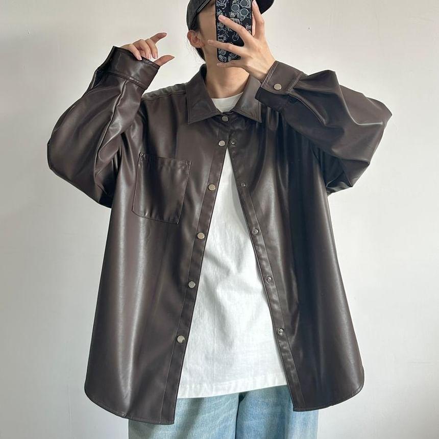 Plain Pocket Detail Faux Leather Single-Breasted Jacket Product Image