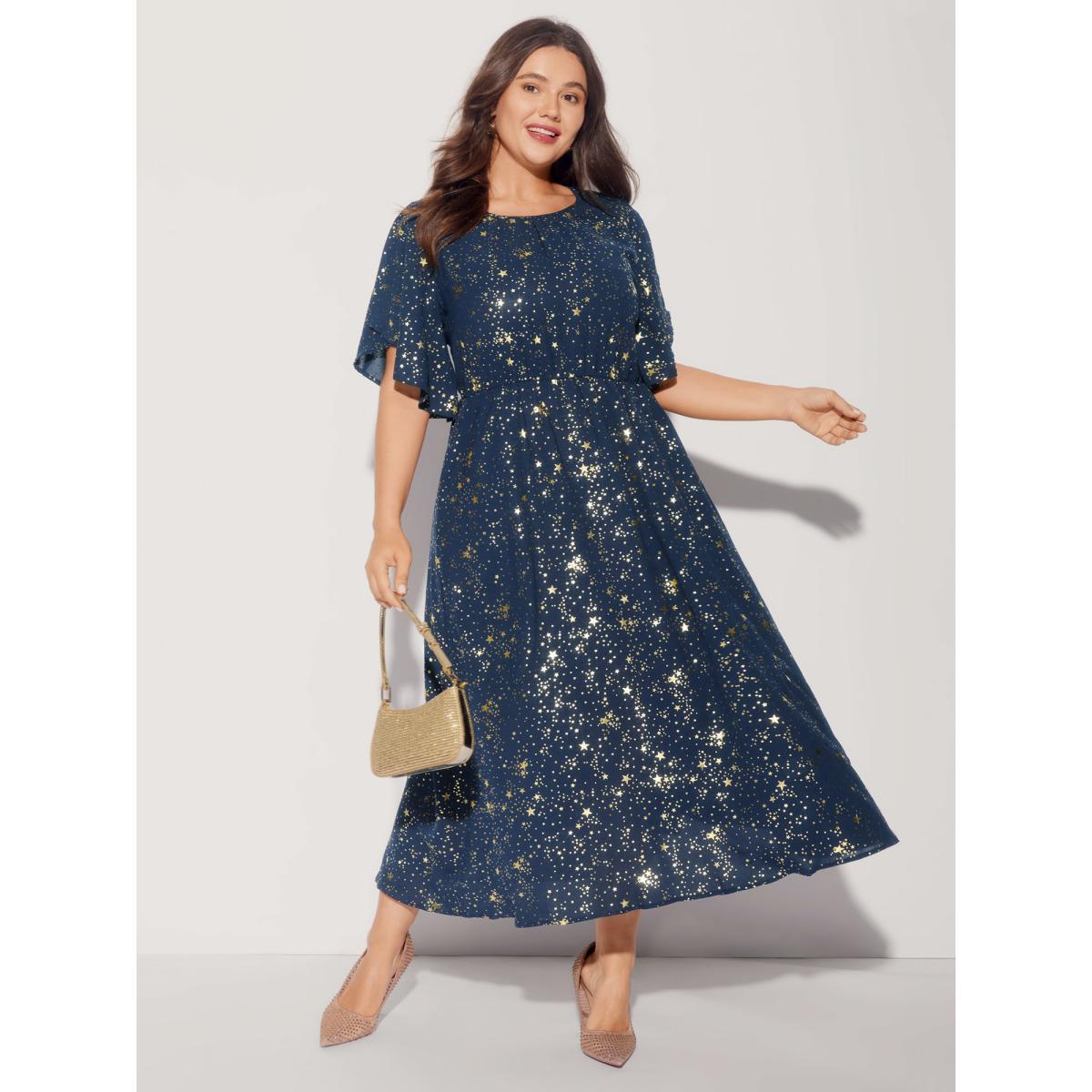Plus Size Glitter Star Split Sleeve Midi Dress DarkBlue Women Elegant Gathered Round Neck Short sleeve Curvy BloomChic 22-24/3X Product Image