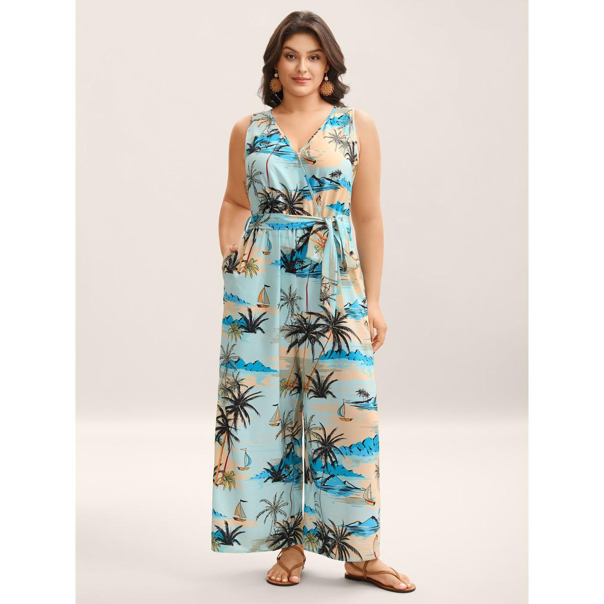 Plus Size Multicolor Tropical Print Stretchy Waist Pockets Jumpsuit Women Sleeveless Overlap Collar Vacation Loose Jumpsuits BloomChic 30/6X Product Image
