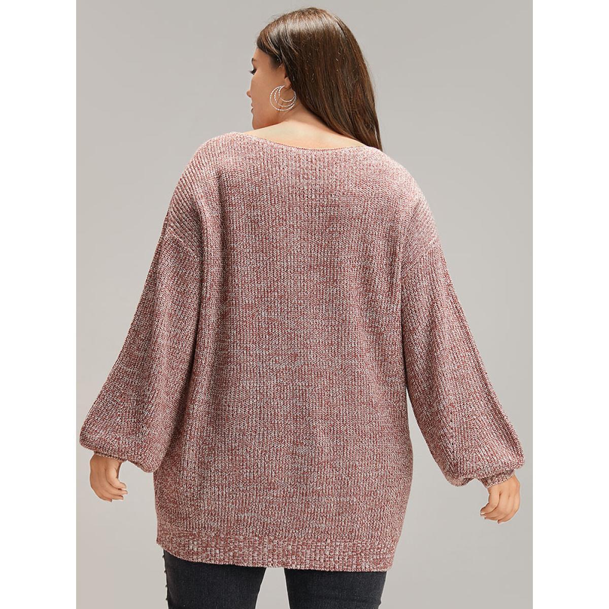 Plus Size Elastic Hem Lantern Sleeve V Neck Pullover Rust Women Casual Loose Long Sleeve V-neck Dailywear Pullovers BloomChic 14-16/1X Product Image
