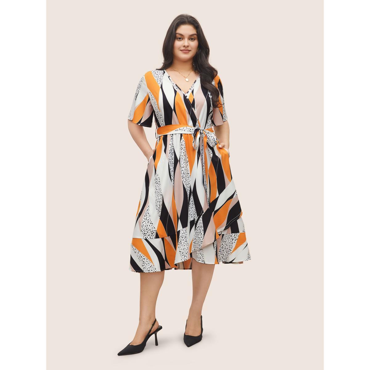 Plus Size Geometric Contrast Overlap Collar Belted Ruffle Sleeve Dress Multicolor Women At the Office Overlapping Overlap Collar Short sleeve Curvy Midi Dress BloomChic 22-24/3X Product Image