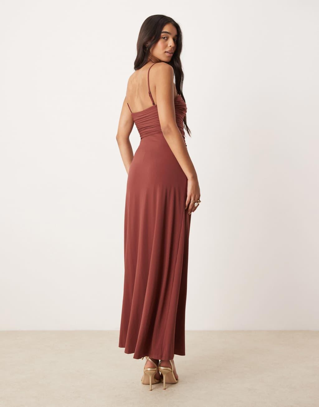 Ever New ruched teardrop maxi dress in brown Product Image