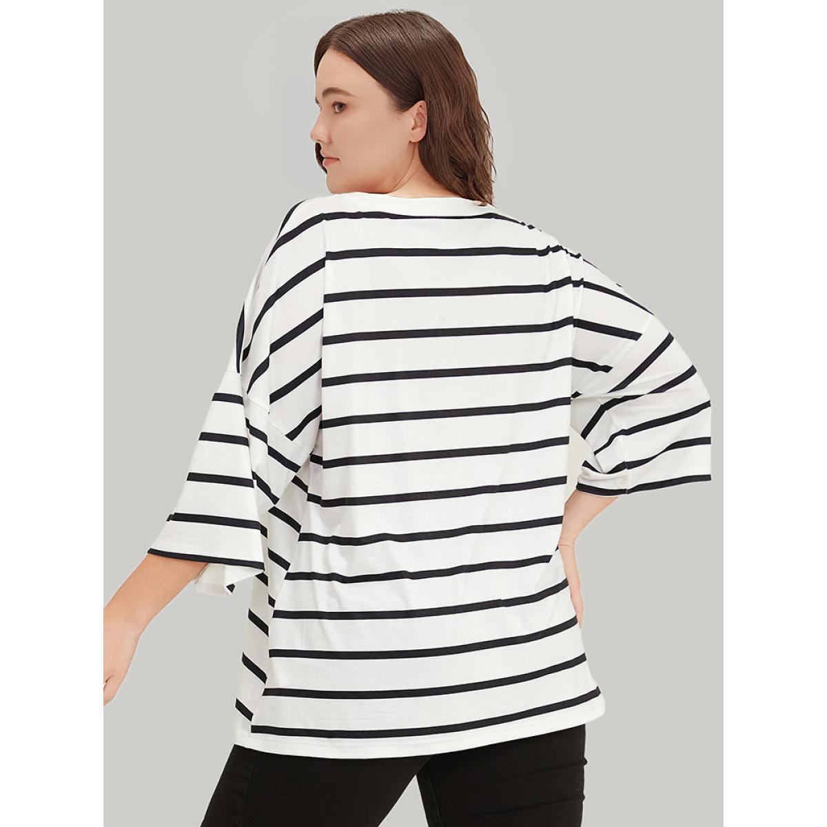 Plus Size Striped Print Button Detail Notched T-shirt White Women Casual Button Striped Notched collar Dailywear T-shirts BloomChic 28/5X Product Image