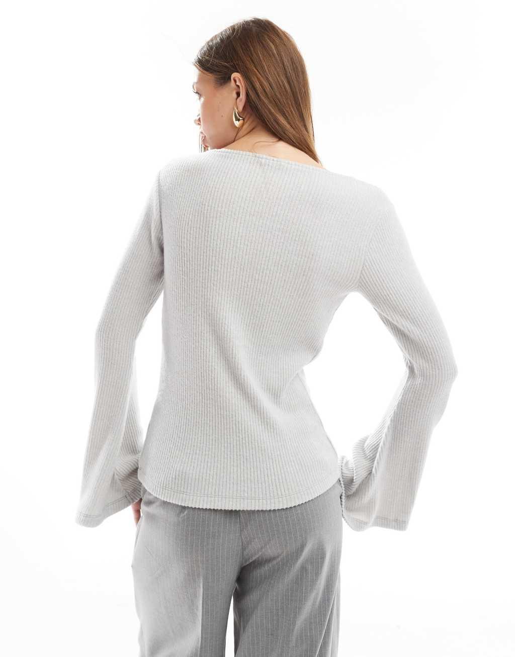 ASOS DESIGN supersoft rib tie front long sleeve flute top in gray Product Image