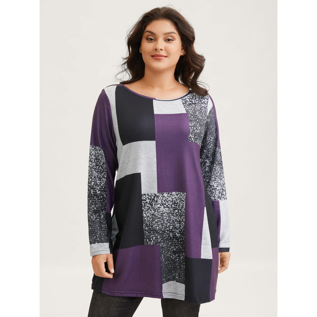 Plus Size Colorblock Contrast Round Neck T-shirt Eggplant Women Elegant Contrast Colorblock Boat Neck Dailywear T-shirts BloomChic 26/4X Product Image