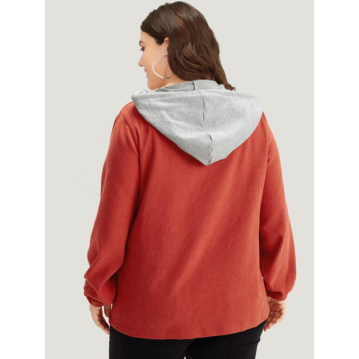 Plus Size Contrast Patchwork Button Through Hooded Drawstring Corduroy Coat Women OrangeRed Contrast Pocket Dailywear Jackets BloomChic 18-20/2X Product Image