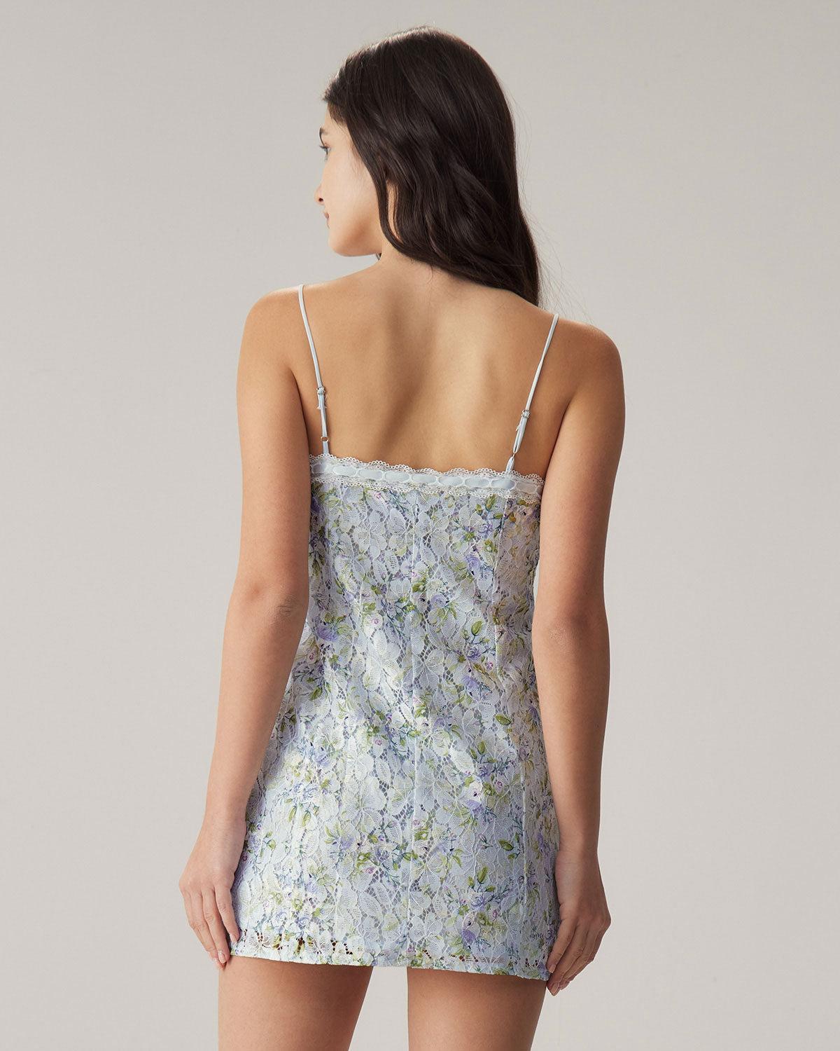 Blue Floral Lace Slip Mini Dress Product Image