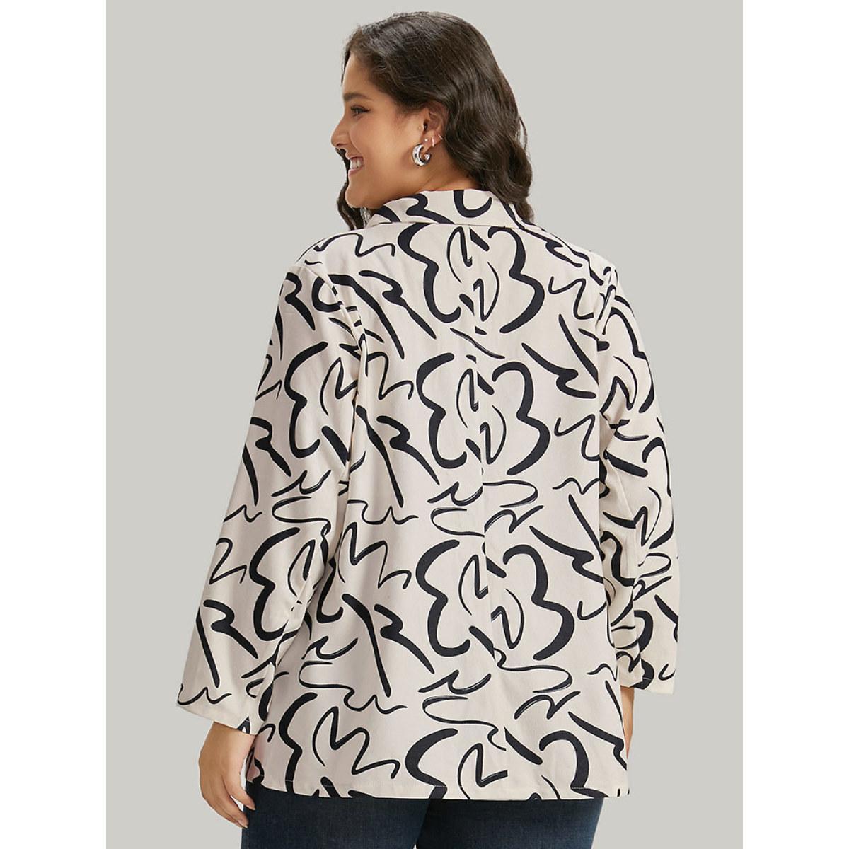 Plus Size Line Print Suit Collar Pocket Button Through Blazer Ivory Women Dailywear Geometric Button Sleeve Long Sleeve Suit Collar 12/L Pocket Office Blazers BloomChic Product Image