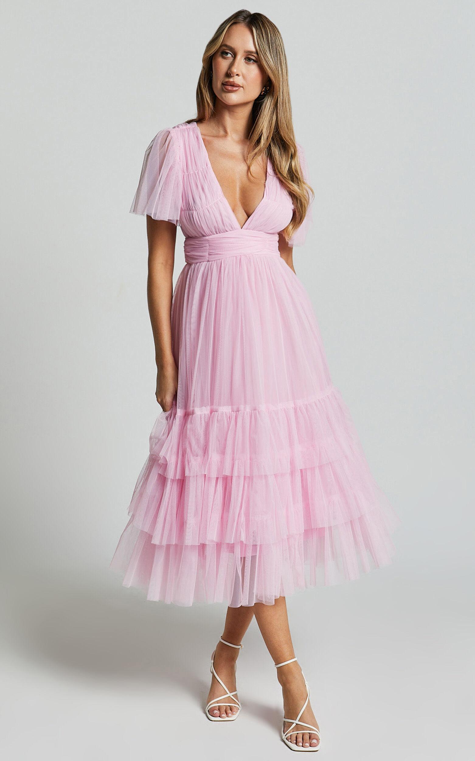 Jiraye Midi Dress - Flutter Sleeve Tuelle Plunge Dress in Ballet Pink Product Image