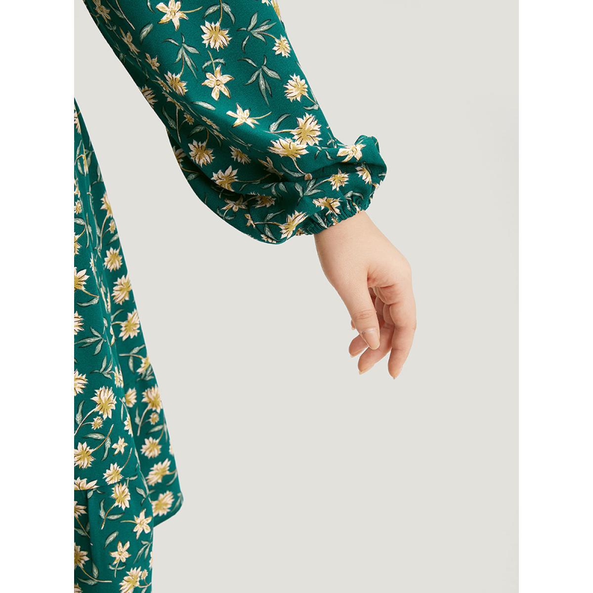 Plus Size Floral Print Surplice Neck Elastic Cuffs Dress Teal Women Elegant Elastic cuffs V-neck Long Sleeve Curvy Midi Dress BloomChic 14-16/1X Product Image