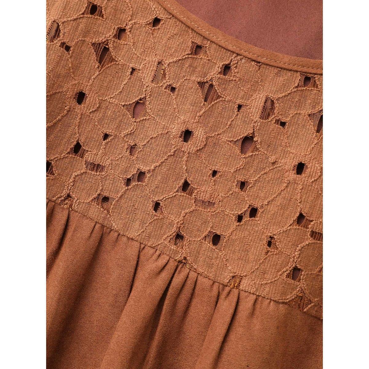 Plus Size Faux Suede Lace Panel Lantern Sleeve Dress Yellowishbrown Women Elegant Texture Round Neck Long Sleeve Curvy BloomChic 12/L Product Image