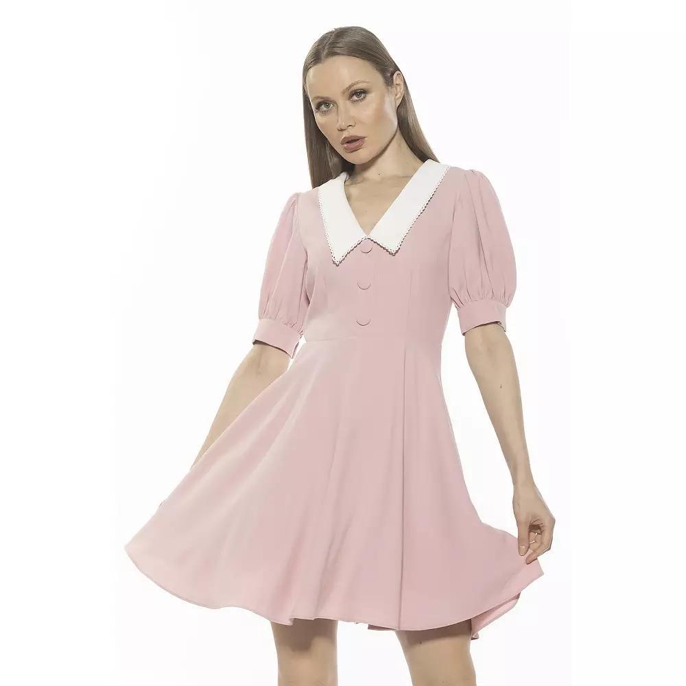 Women's ALEXIA ADMOR Carys Dropped Collar Puff Sleeve Fit And Flare Dress, Size: 10, Pink Product Image