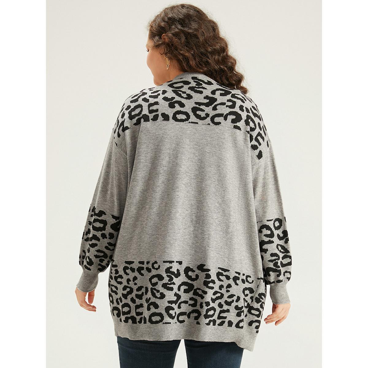 Plus Size Supersoft Essentials Leopard Contrast Elastic Cuffs Pullover DarkGray Women Casual Loose Long Sleeve Dailywear Cardigans BloomChic 22-24/3X Product Image