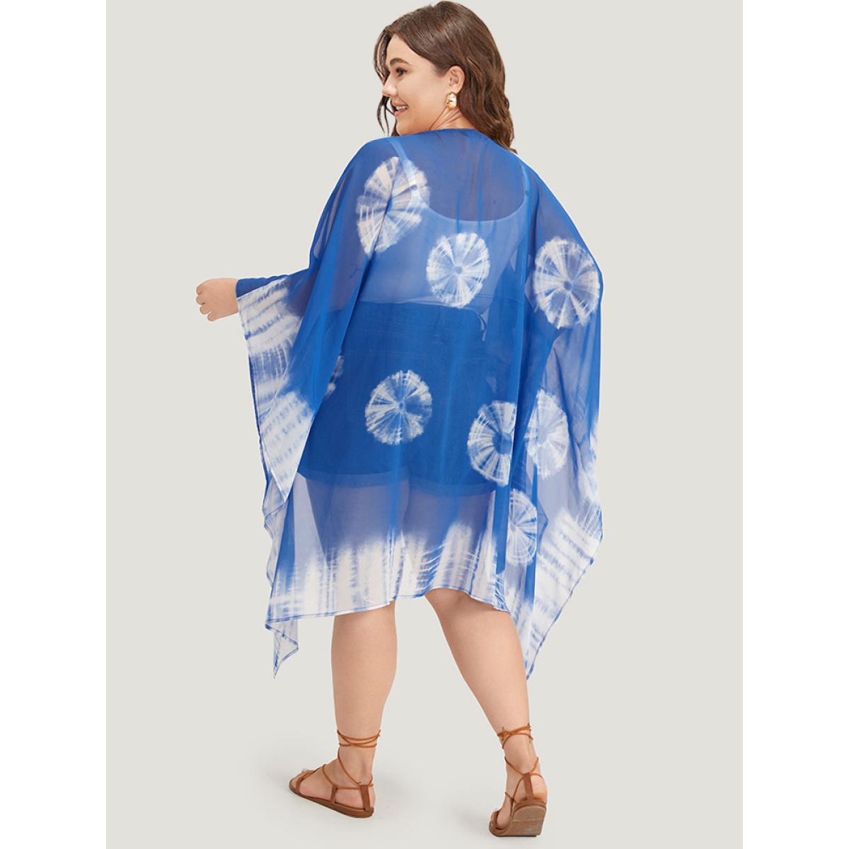 Plus Size UltraCool Tie Dye Asymmetrical Hem Open Front Kimono Women DarkBlue Casual Drape Loose Dailywear Kimonos BloomChic 28/5X Product Image