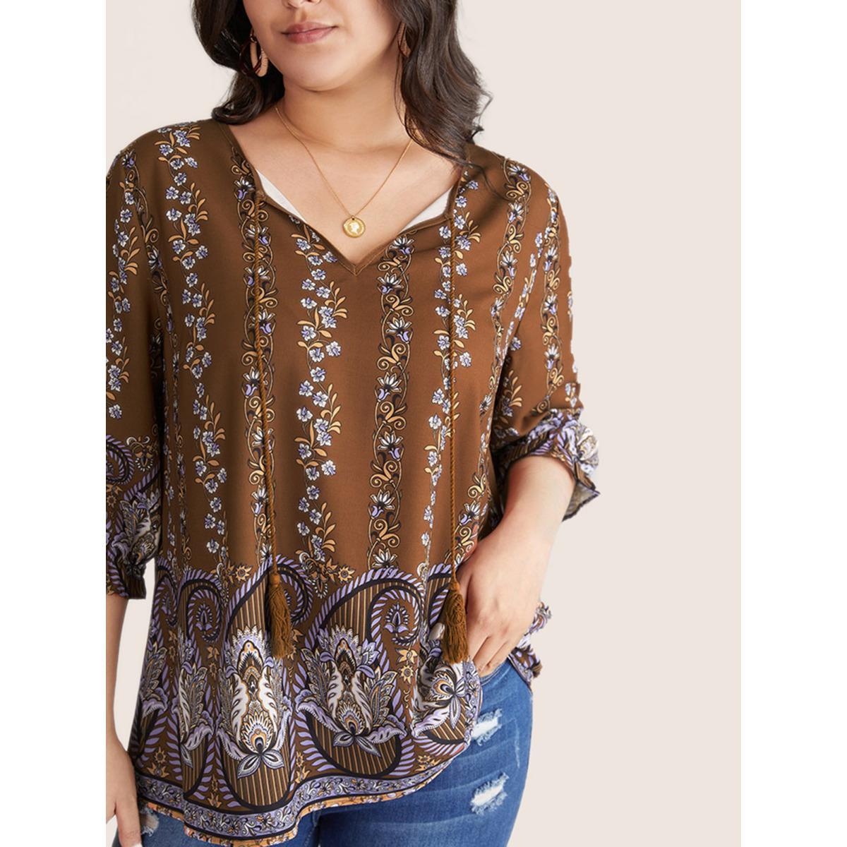 Plus Size Rust Bandana Print Tassels Ties Flutter Sleeve Blouse Women Vacation Elbow-length sleeve Tie Neck Vacation Blouses BloomChic 14-16/1X Product Image