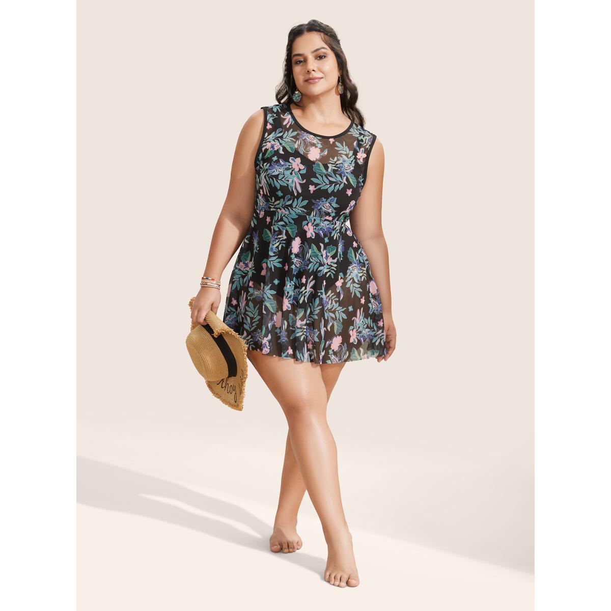 Plus Size U Neck Tropical Print See Through Swim Dress Women's Swimwear Black Beach Bodycon U-neck High stretch Curve Swim Dresses BloomChic 14-16/1X Product Image