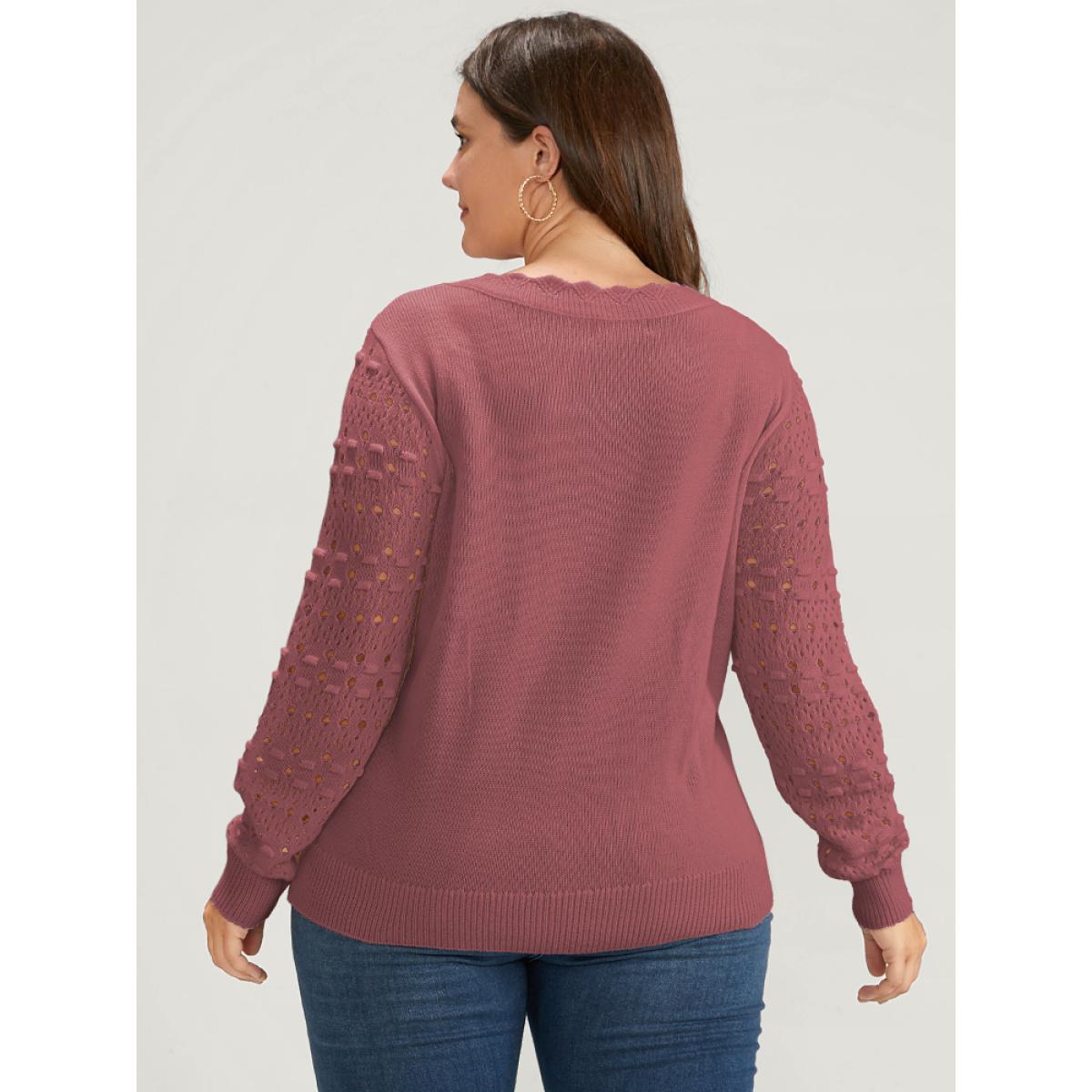 Plus Size Solid Pointelle Knit Scalloped Trim V Neck Crochet Knit Top Russet Women Elegant Long Sleeve V-neck Dailywear Pullovers BloomChic 26/4X Product Image