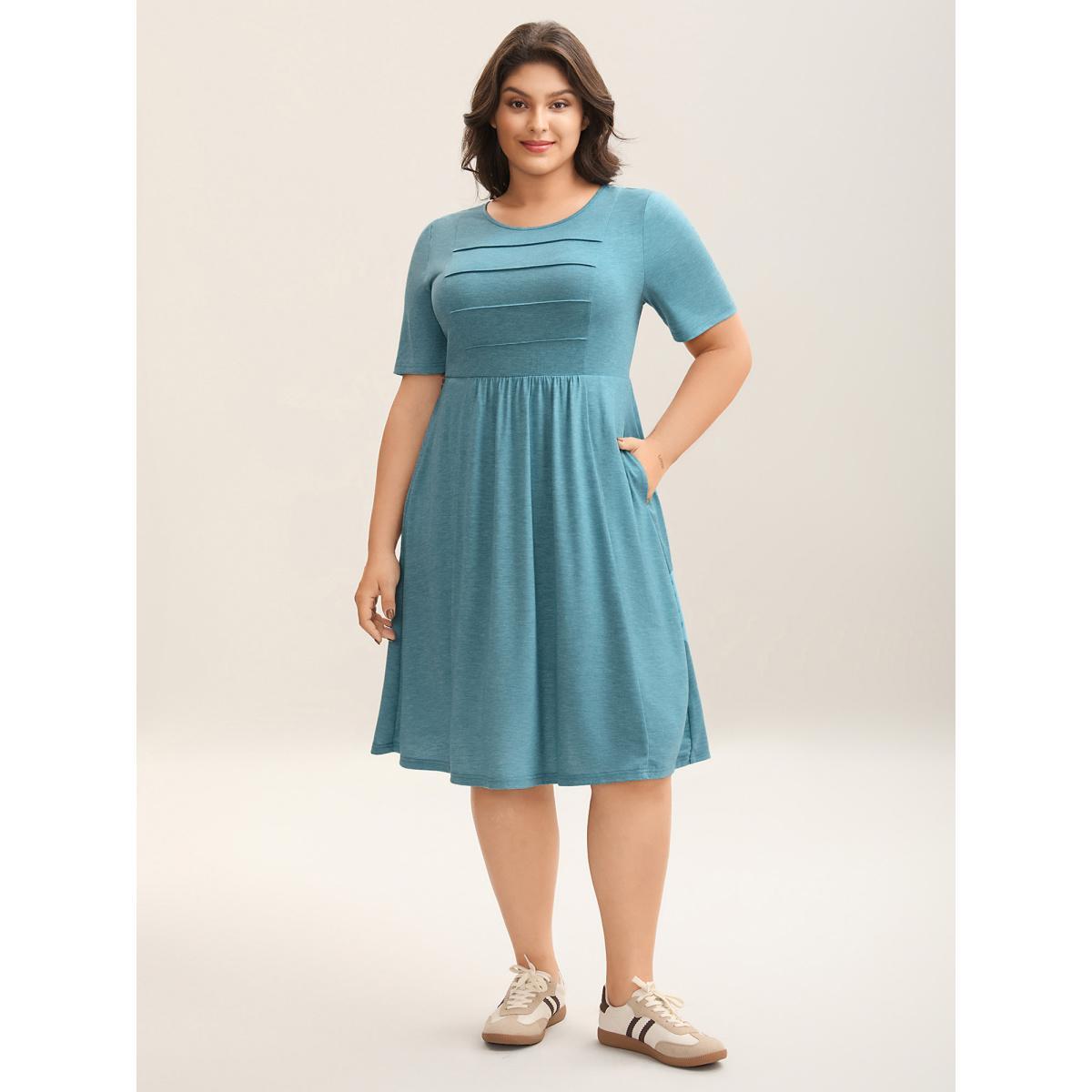 Plus Size Seam Bodice Heather Knit Plain Midi Dress Cerulean Women Knit Dresses Bloomchic 10/M Product Image