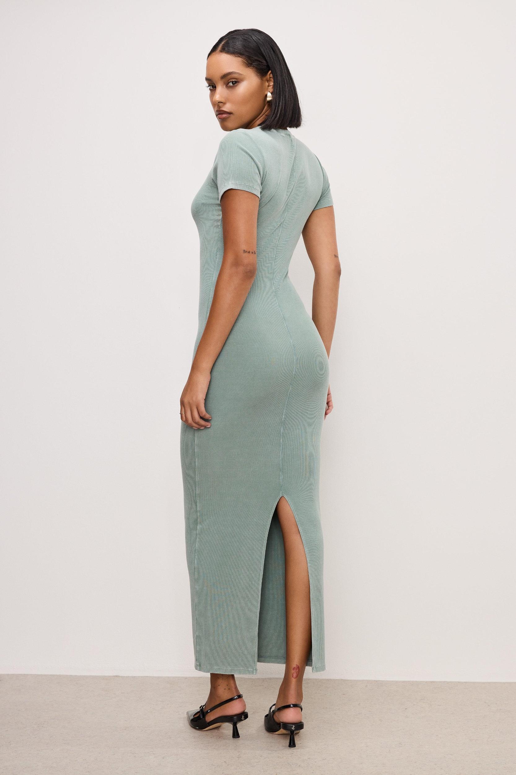 RIBBED TEE MAXI DRESS | WASHED FATIGUE GREEN001 Product Image