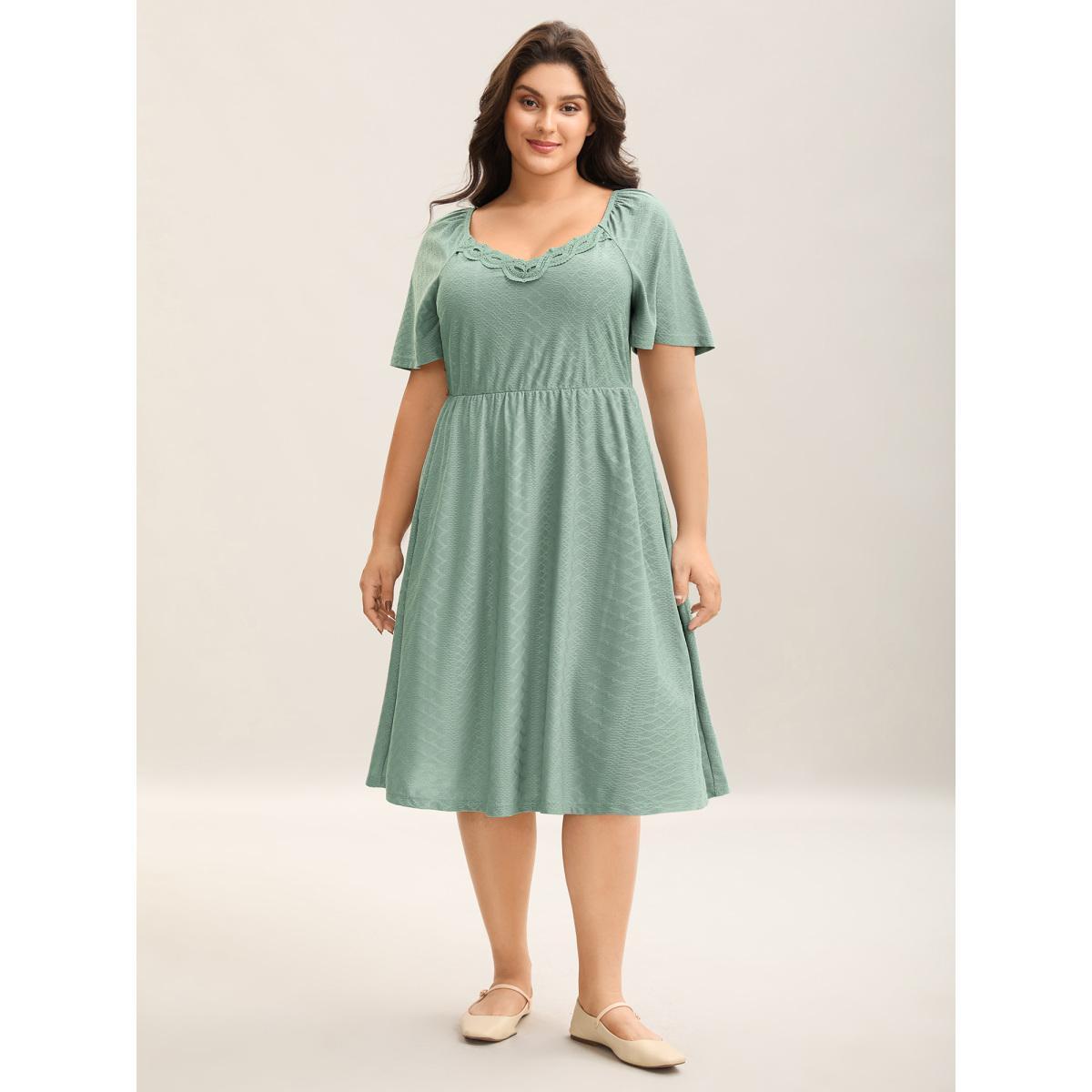 Plus Size Textured Knit Sweetheart Neckline Midi Dress Sage Women Casual Woven ribbon&lace trim Heart neckline Short sleeve Curvy BloomChic 22-24/3X Product Image