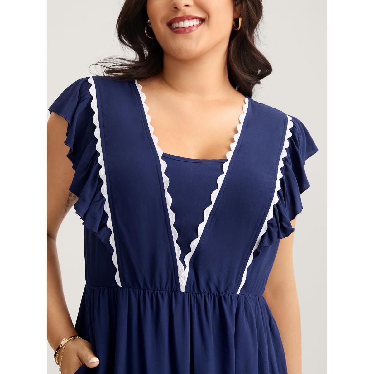 Plus Size Rayon Collar Ribbon Contrast Pockets Midi Dress Indigo Women V-neck Cap Sleeve Curvy BloomChic 12/L Product Image