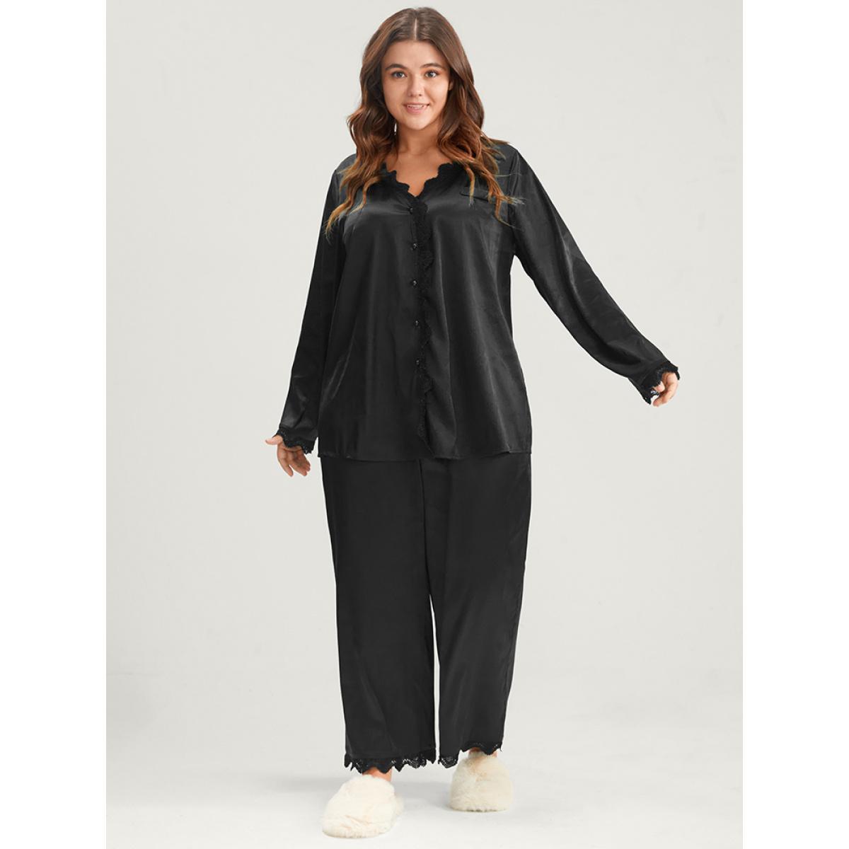 Plus Size Solid Button Up Lace Trim Satin Pajama Set Women Black Plain Long Sleeve V-neck Casual Loungewear Sets BloomChic 18-20/2X Product Image