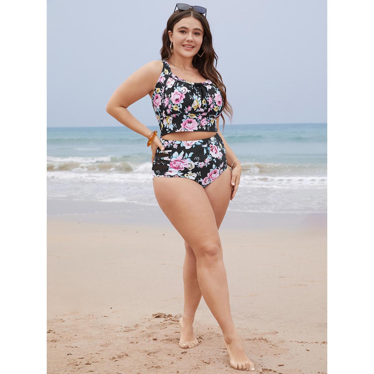 Plus Size Floral Ruched Knotted Crossover Back Tankini Top Women's Swimwear BlackFlower Vacation Adjustable Straps High stretch Skinny Curve Swim Tops BloomChic 26/4X Product Image
