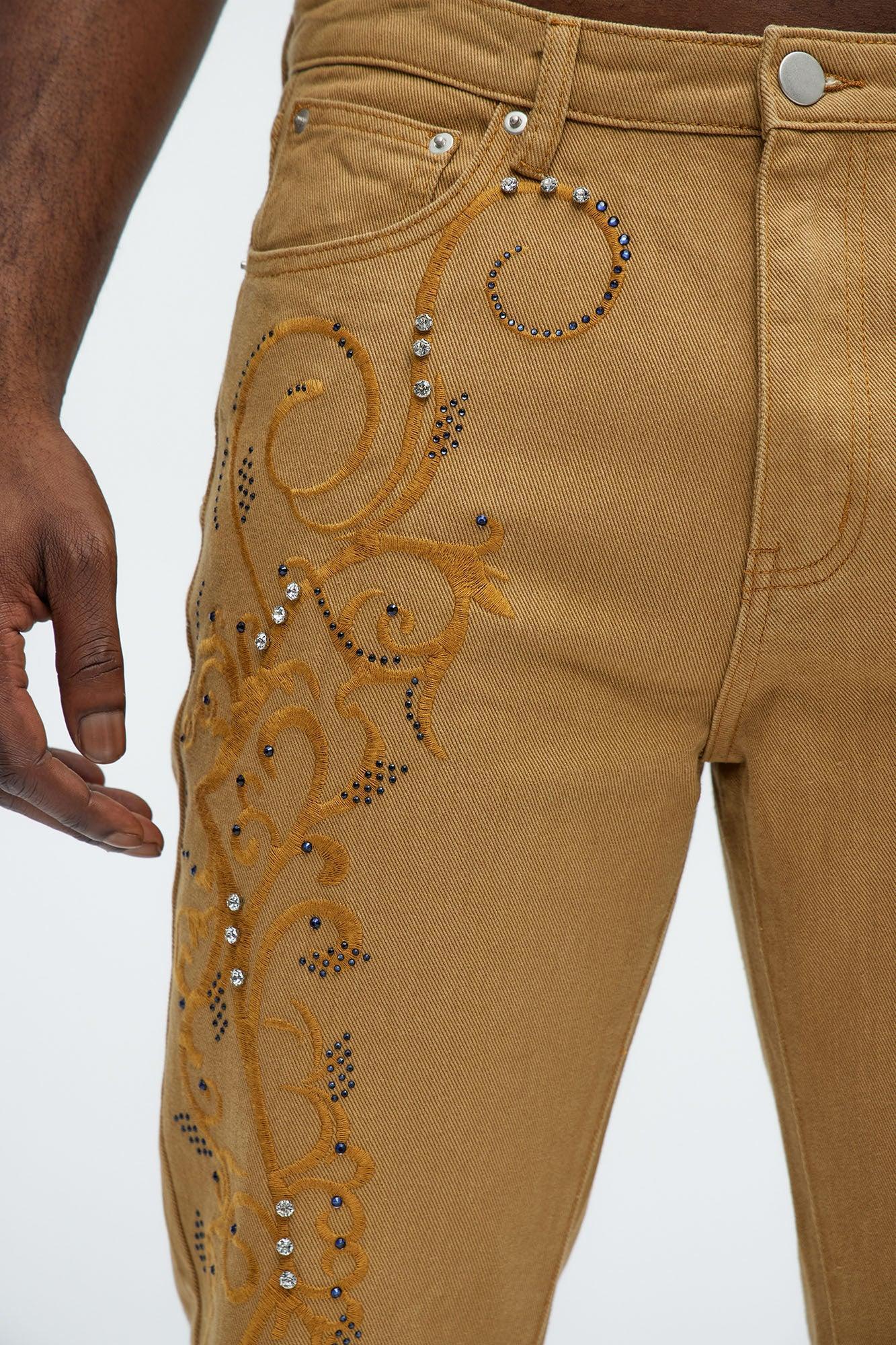 Kurt Rhinestone Embroidered Slim Jeans - Khaki Product Image