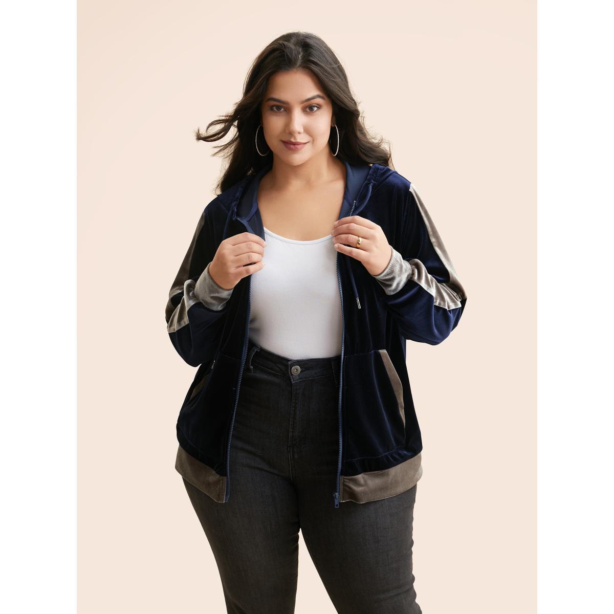 Plus Size Velvet Contrast Patchwork Hooded Sweatshirt Women Midnight Casual Contrast Hooded Everyday Sweatshirts BloomChic 26/4X Product Image