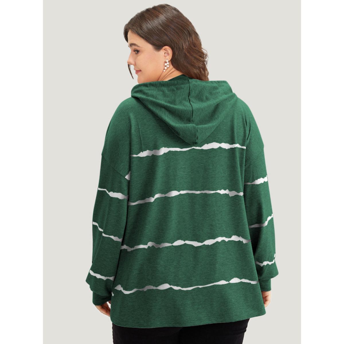 Plus Size Striped Drawstring Hooded Button Up Sweatshirt Women Green Casual Elastic cuffs Hooded Dailywear Sweatshirts BloomChic 26/4X Product Image
