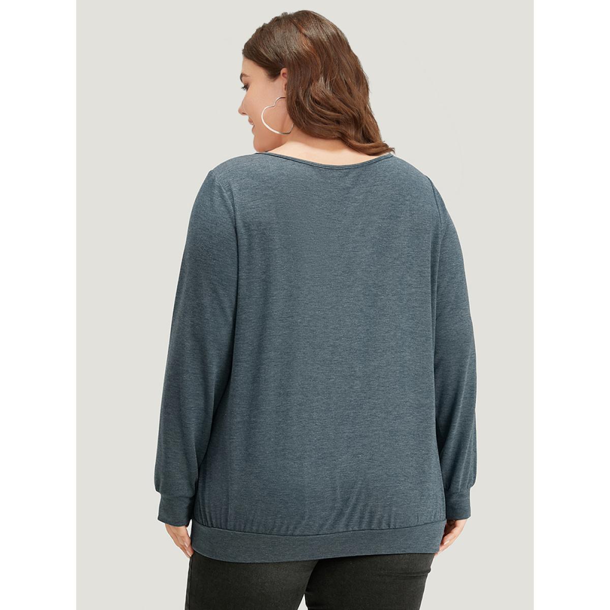 Plus Size Plain Twist Front Keyhole Sweatshirt Women Navy Casual Plain V-neck Dailywear Sweatshirts BloomChic 26/4X Product Image
