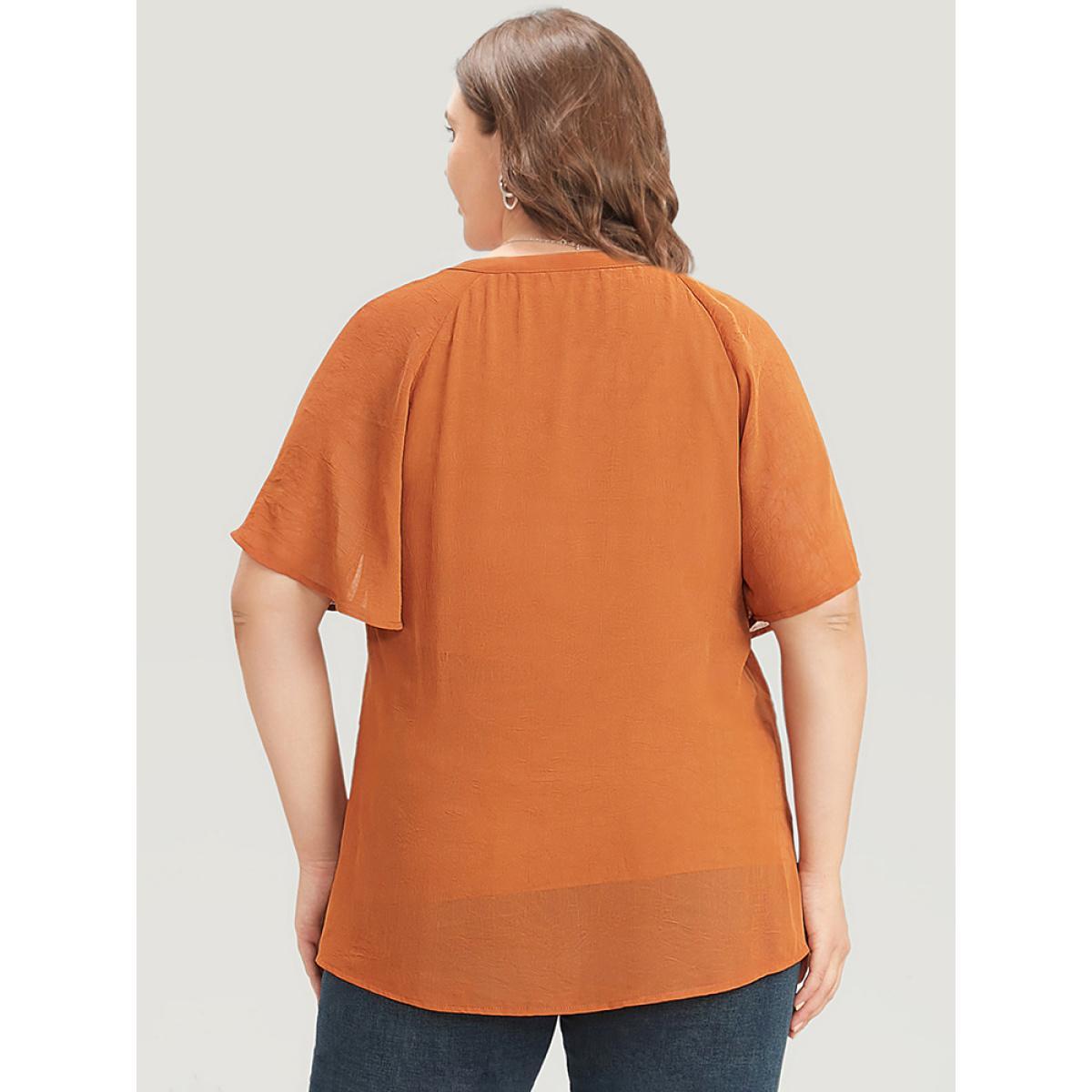Plus Size Maroon Solid Notched Pleated Mesh Raglan Sleeve Blouse Women Casual Short sleeve V-neck Dailywear Blouses BloomChic 18-20/2X Product Image