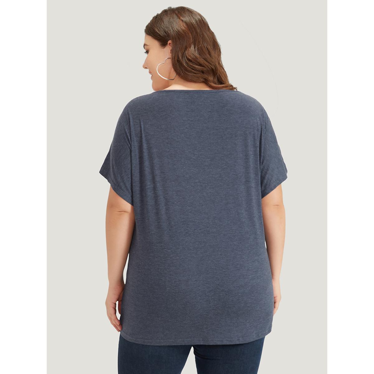 Plus Size Floral Embroidered Keyhole Dolman Sleeve T-shirt Blue Women Elegant Cut-Out Bohemian Print Keyhole Cut-Out Dailywear T-shirts BloomChic 14-16/1X Product Image