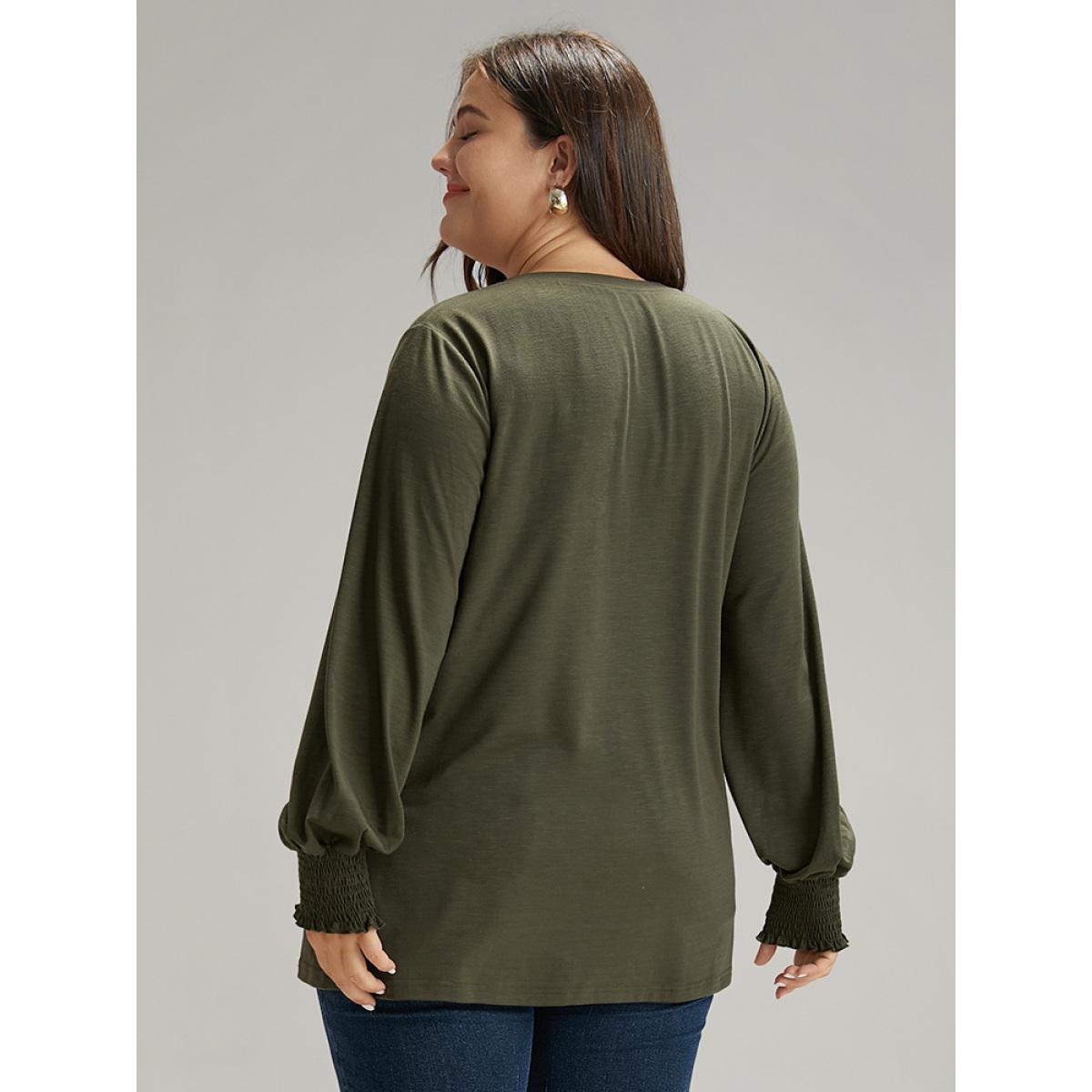 Plus Size Plain V Neck Gathered Shirred Sleeve T-shirt ArmyGreen Women Casual Elastic cuffs Plain V-neck Everyday T-shirts BloomChic 14-16/1X Product Image