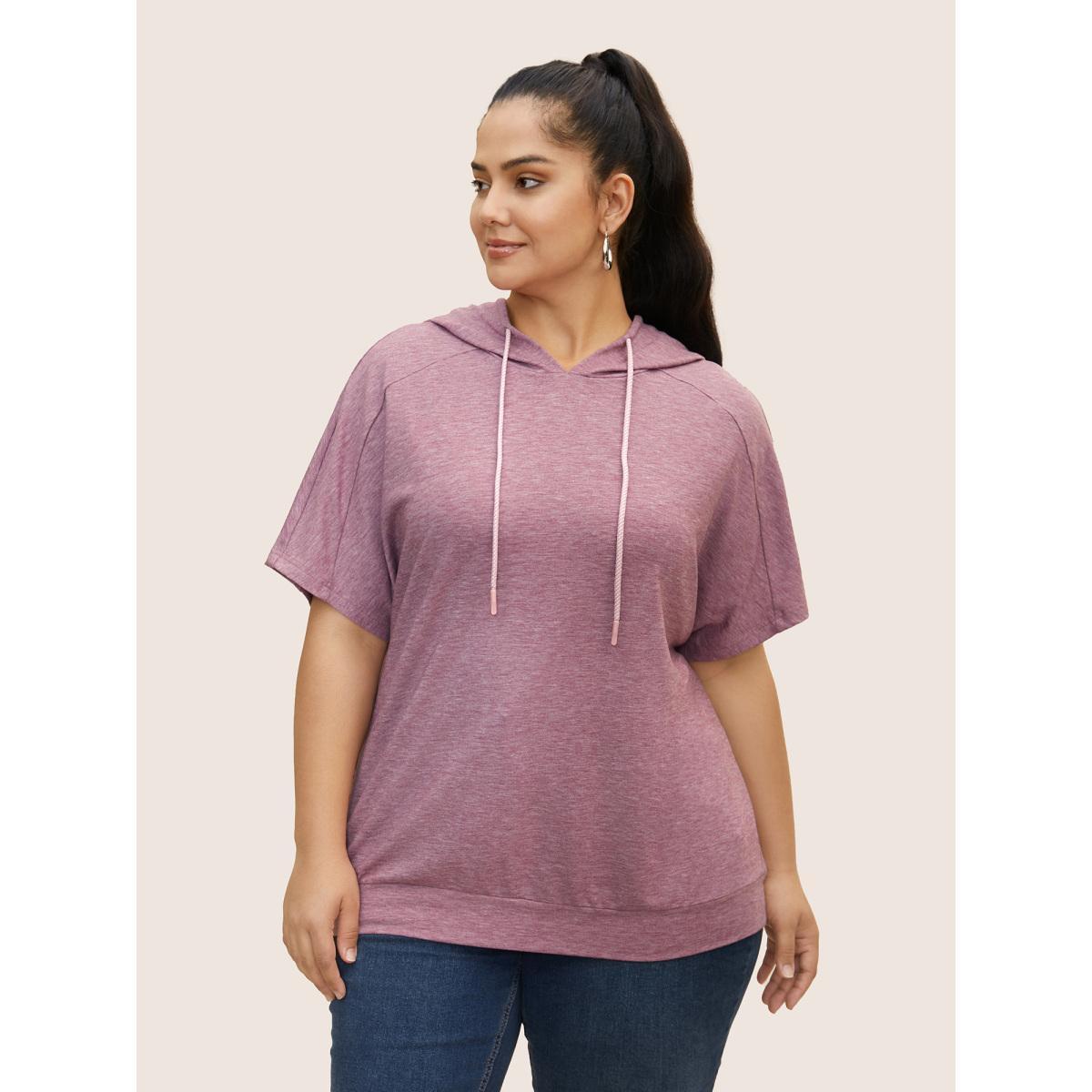 Plus Size Plain Hooded Drawstring Raglan Sleeve T-shirt Mauve Women Casual Drawstring Hooded Everyday T-shirts BloomChic 28/5X Product Image
