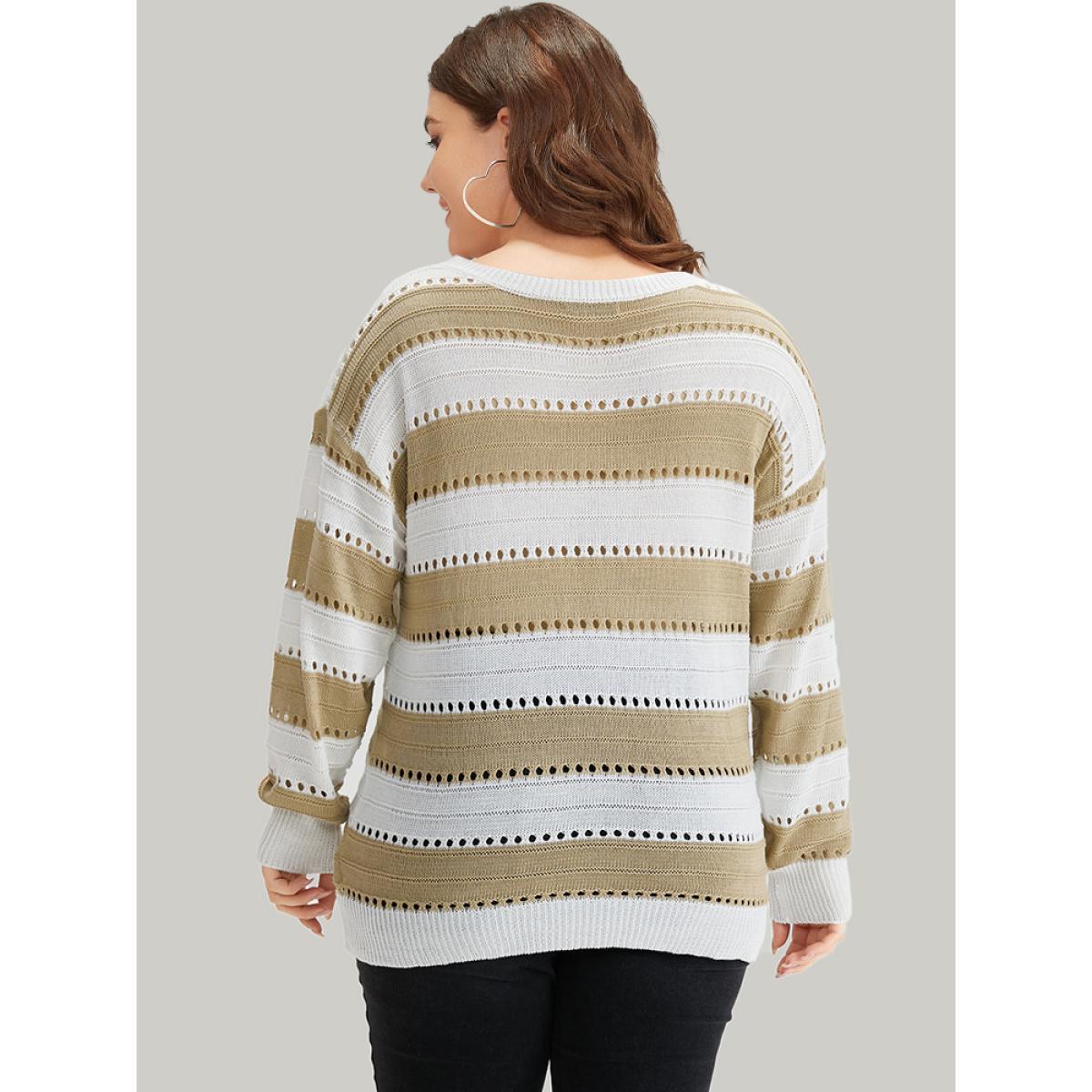 Plus Size Colorblock Contrast Drop Shoulder Elastic Cuffs Pullover Tan Women Casual Loose Long Sleeve Round Neck Everyday Pullovers BloomChic 14-16/1X Product Image