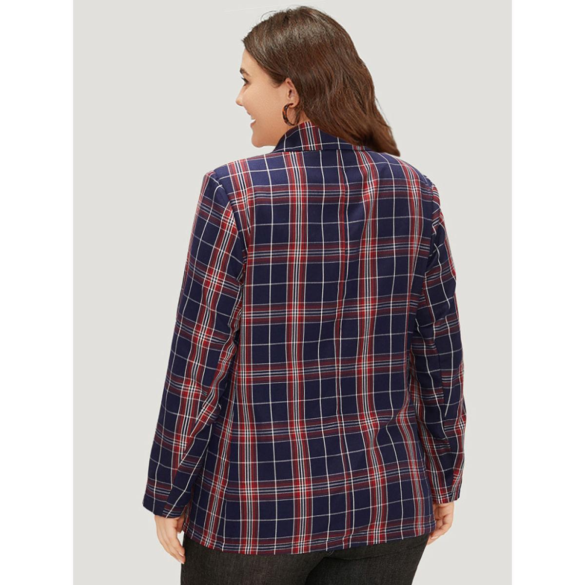 Plus Size Plaid Suit Collar Button Up Pocket Blazer Indigo Women Dailywear Plaid Contrast Sleeve Long Sleeve Suit Collar 10/M Pocket Casual Blazers BloomChic Product Image