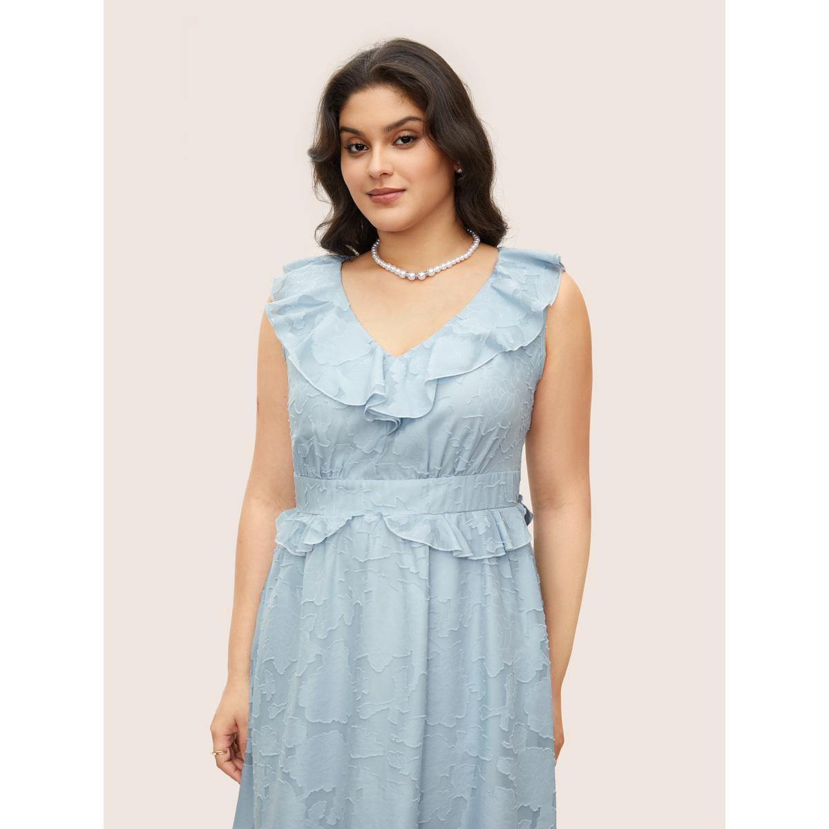 Plus Size Plisse Ruffle Trim Gathered Sleeveless Dress LightBlue Women Elegant Texture V-neck Sleeveless Curvy BloomChic 14-16/1X Product Image