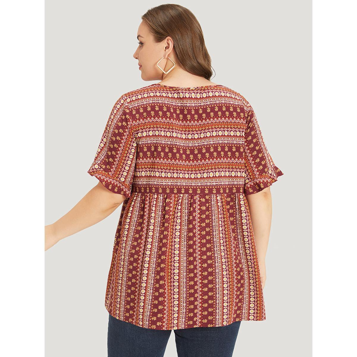 Plus Size Russet Bandana Patchwork Ruffle Sleeve Blouse Women Vacation Short sleeve Round Neck Dailywear Blouses BloomChic 18-20/2X Product Image