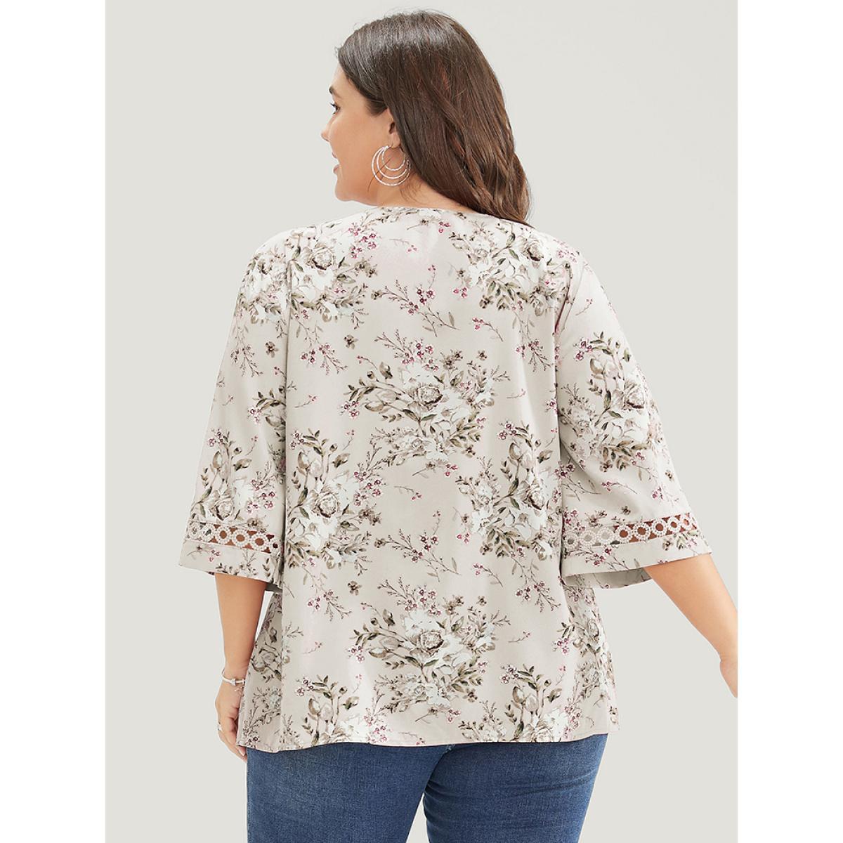 Plus Size Apricot Floral Flounce Sleeve Crochet Lace Blouse Women Elegant Elbow-length sleeve V-neck Dailywear Blouses BloomChic 10/M Product Image