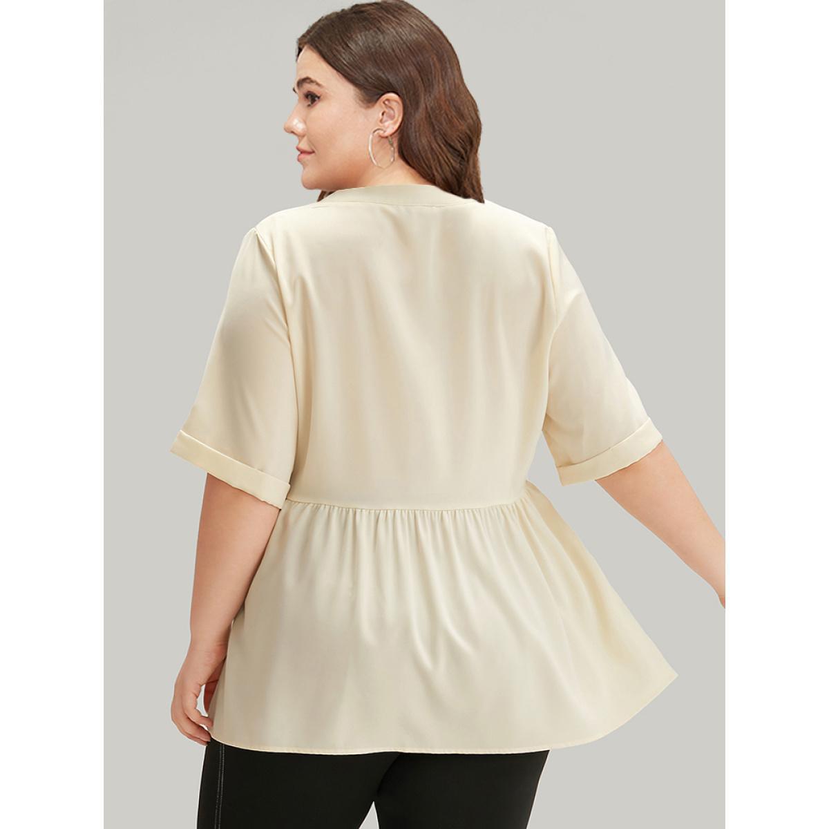 Plus Size Ivory Anti-Wrinkle Lace Up Notched Gathered Blouse Women Office Half Sleeve Tie Neck Work Blouses BloomChic 28/5X Product Image