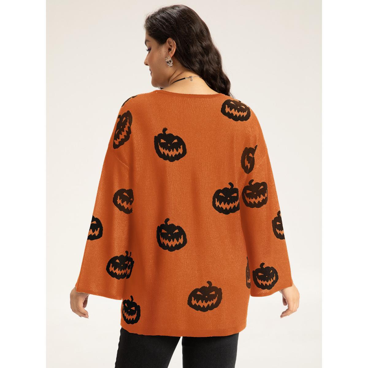 Plus Size Halloween V Neck Bell Sleeve Pullover Chocolate Women Casual Loose Long Sleeve V-neck Dailywear Pullovers BloomChic 12/L Product Image