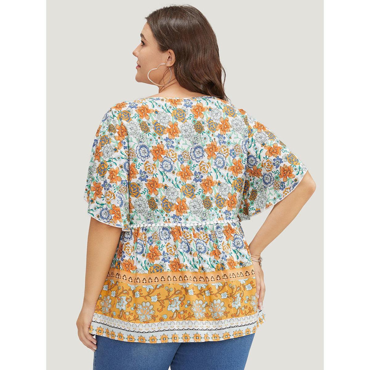 Plus Size Gold Bandana Print Petal Sleeve Tie Neck Pompom Trim Blouse Women Vacation Short sleeve Tie Neck Dailywear Blouses BloomChic 22-24/3X Product Image