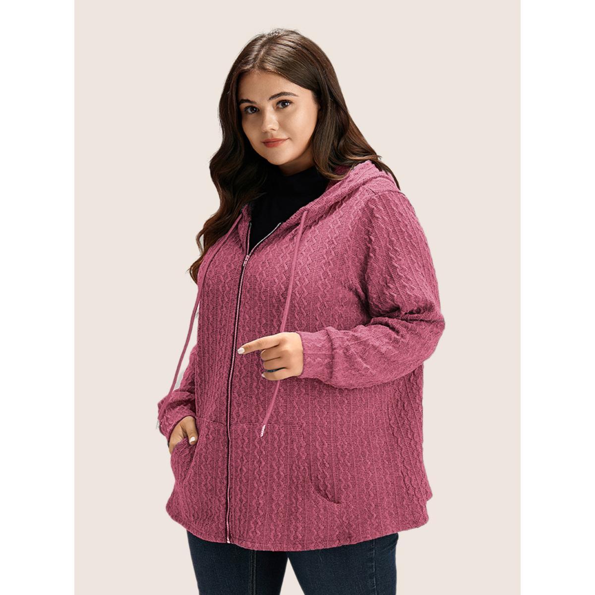 Plus Size Plain Textured Zipper Hooded Sweatshirt Women DustyPink Casual Non Hooded Everyday Sweatshirts BloomChic 10/M Product Image