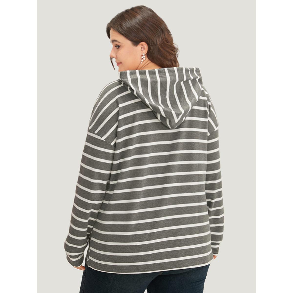 Plus Size Striped Button Up Hooded Sweatshirt Women Gray Casual Button Hooded Dailywear Sweatshirts BloomChic 18-20/2X Product Image