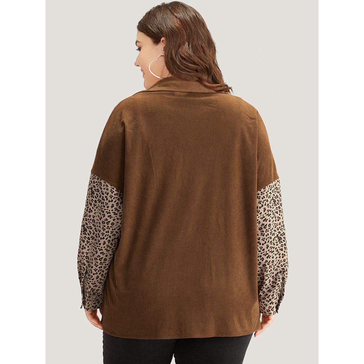Plus Size Leopard Patchwork Pocket Contrast Button Through Coat Women DarkBrown Texture Pocket Dailywear Jackets BloomChic 10/M Product Image